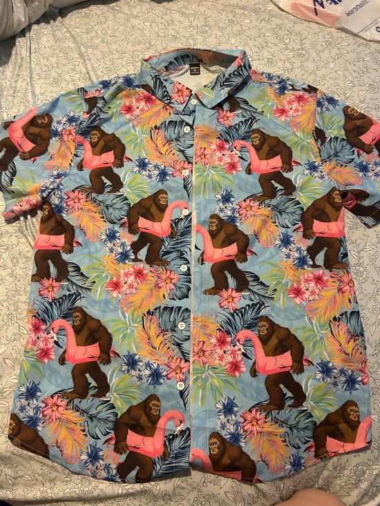 Manfinity Other - Men's Light Blue Tropical Button-Down Shirt with Pink and Brown Motif